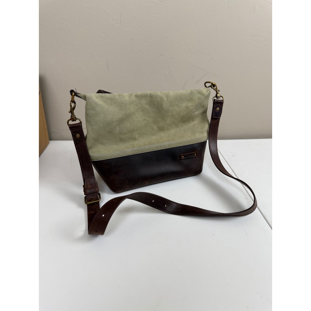 LL Bean Canvas Leather Crossbody Bag Sage Green Brown Map Lining Field Messenger